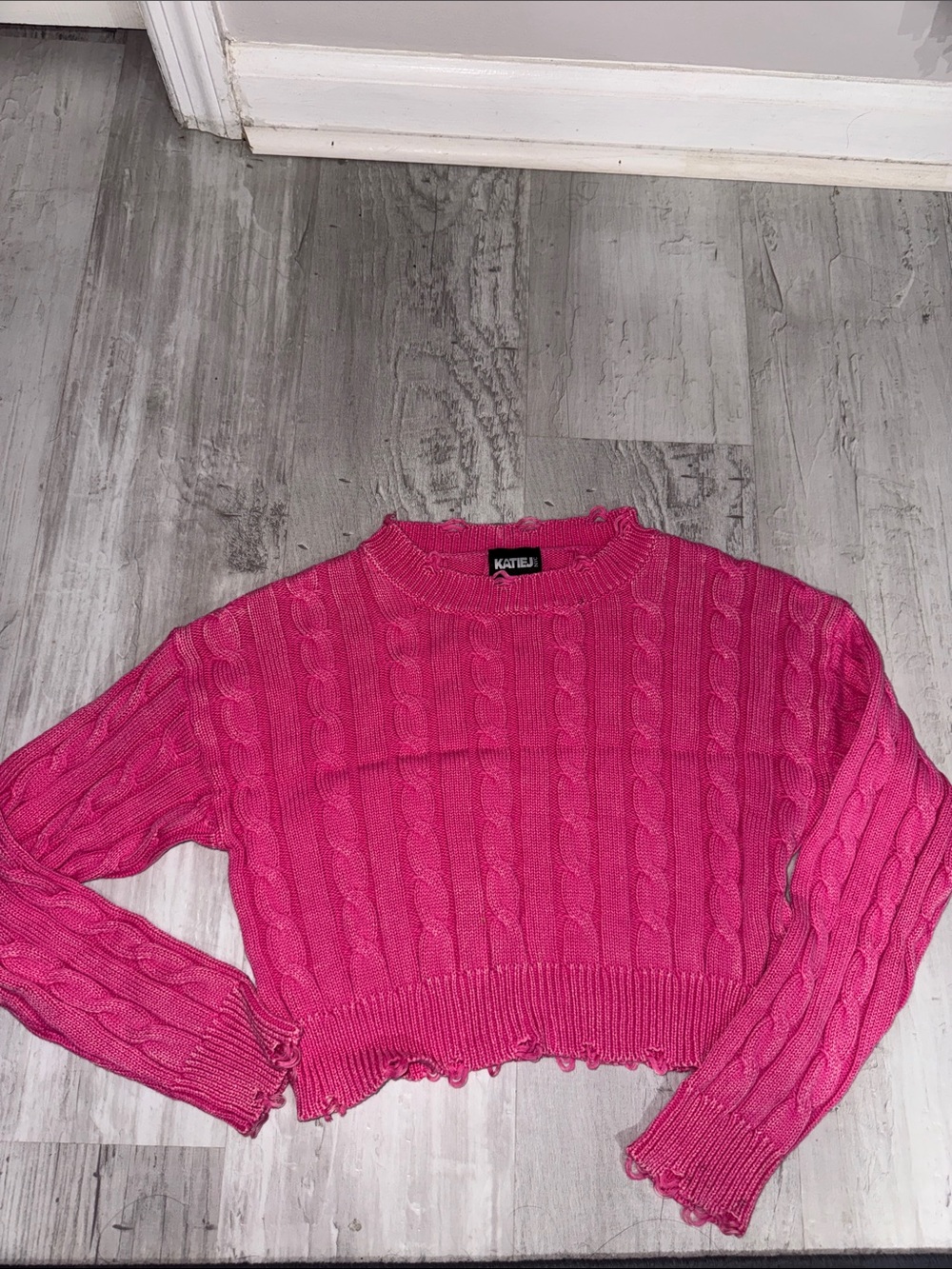 Katie J NYC Hot Pink Cable Knit Cropped Sweater